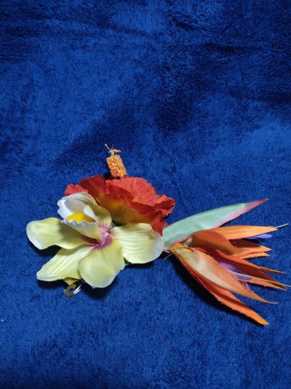 bird of paradise, red hibiscus, yellow orchid