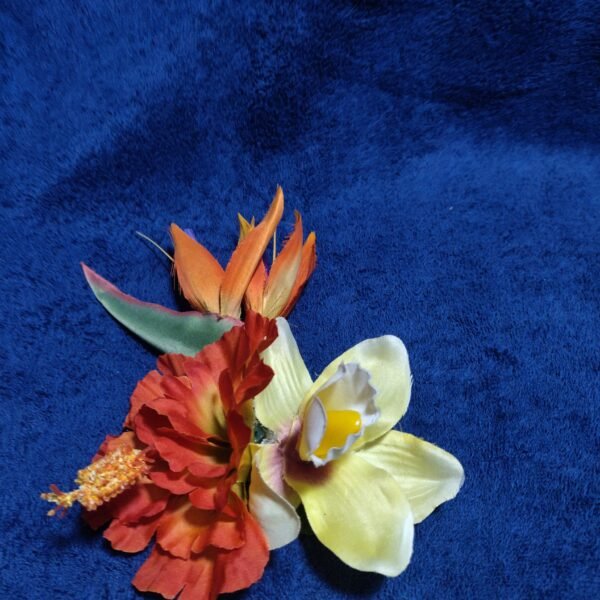 bird of paradise, red hibiscus, yellow orchid