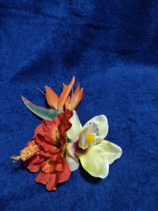 bird of paradise, red hibiscus, yellow orchid