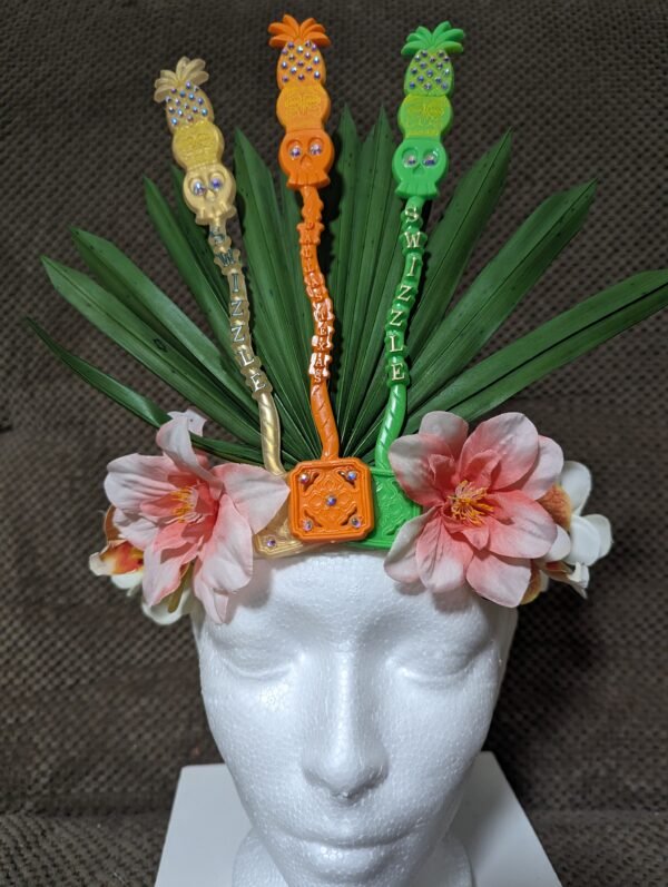 Swizzle Crown 3 Sizzles, pink oleander, orange orchids, white and yellow plumeria